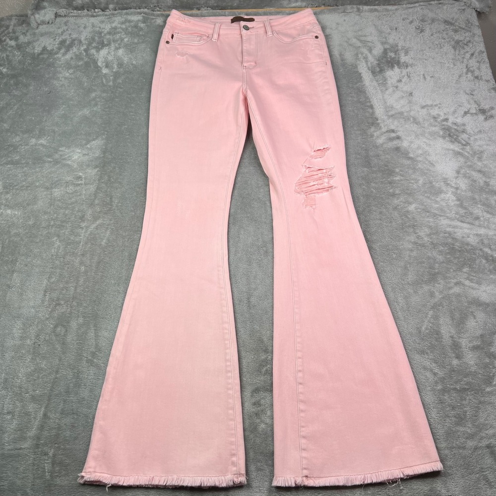 Judy Blue Flare Jeans Womens 9/29 Pink Garment Dyed Distressed Stretch Raw Hem